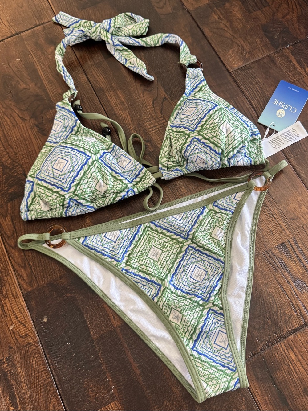 Cupshe Green and Blue Geometric Halter Triangle Bikini